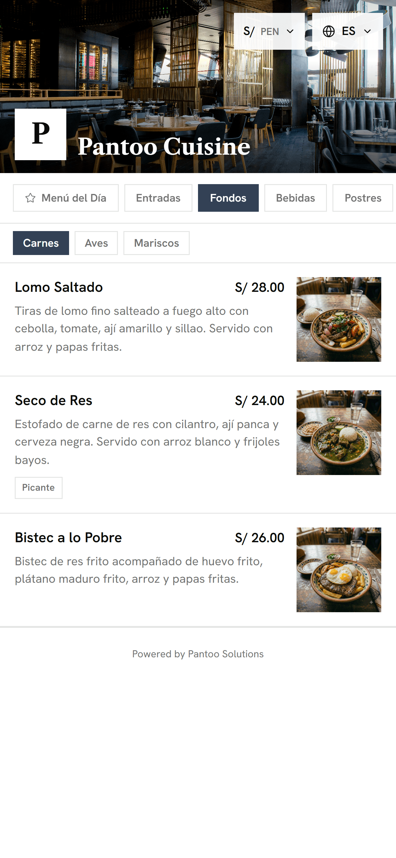 Carta digital de un restaurante vista desde el celular de un comensal