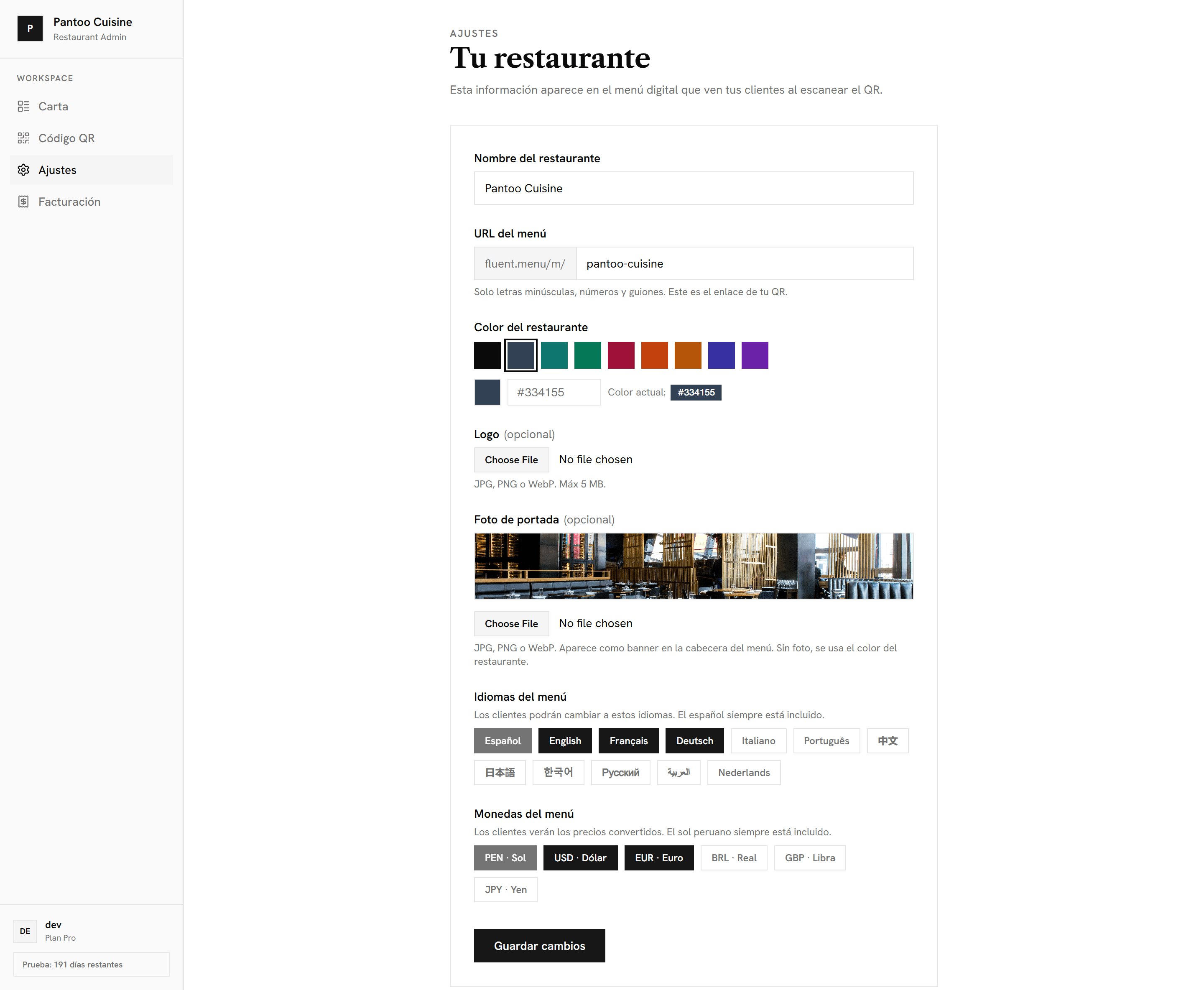 Pantalla de ajustes de Fluent Menu con la configuración del restaurante